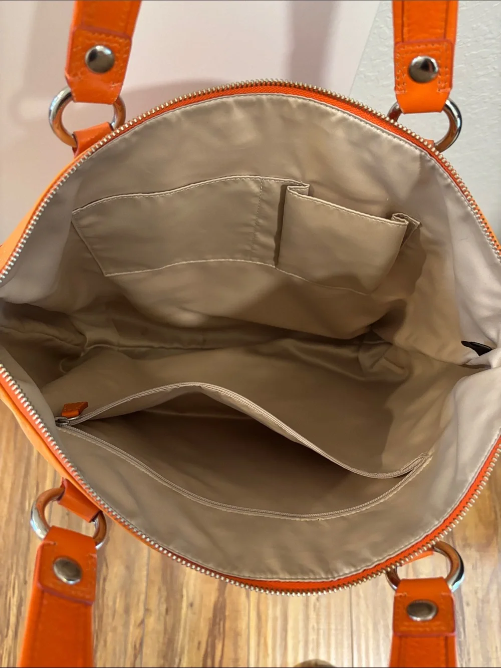 Coach Poppy Glam Bright Orange Shoulder Tote with Front Zip Pocket
